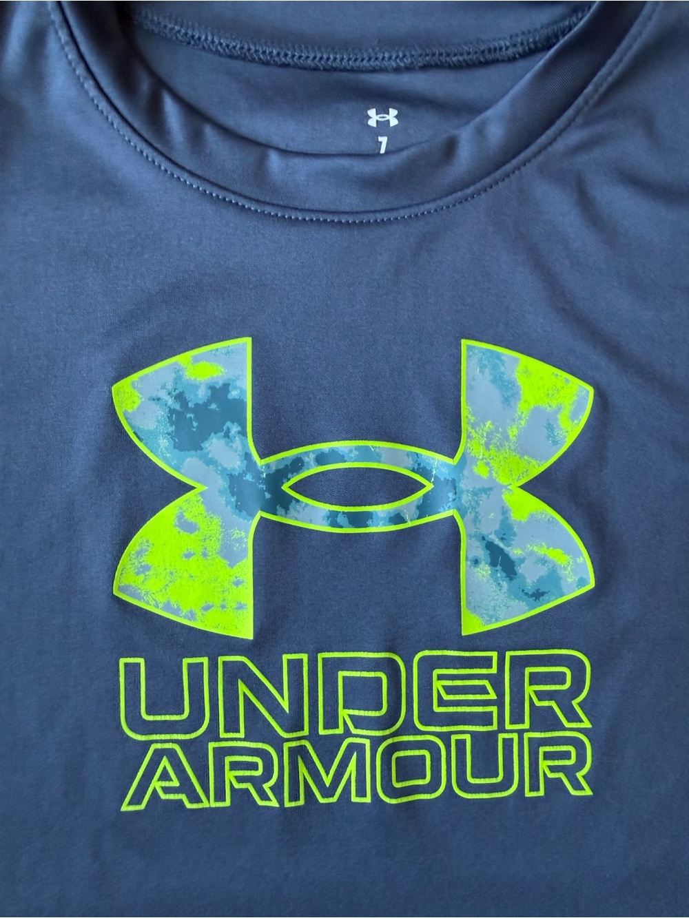 Under Armour Navy Tee with Neon Green-Blue Camo Shorts (7) - Picture 3 of 6